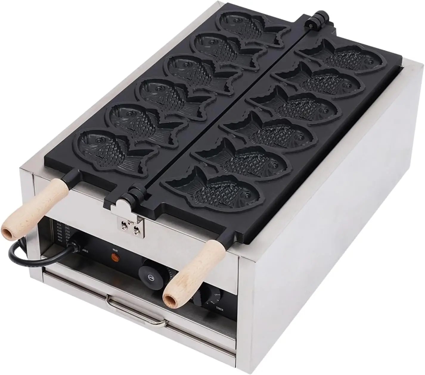 Máquina para hacer gofres de pescado Taiyaki de 3000W, máquina para hacer gofres eléctrica antiadherente de 6 moldes, conos de gofres en forma de pez para panadero Taiyaki con sin Sti