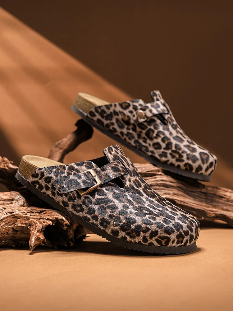 Pantofole in sughero con stampa leopardata Mezze scarpe per uomo Donna Sandali slip-on Zoccoli senza schienale Poggiapiedi comfort per interni ed esterni unisex