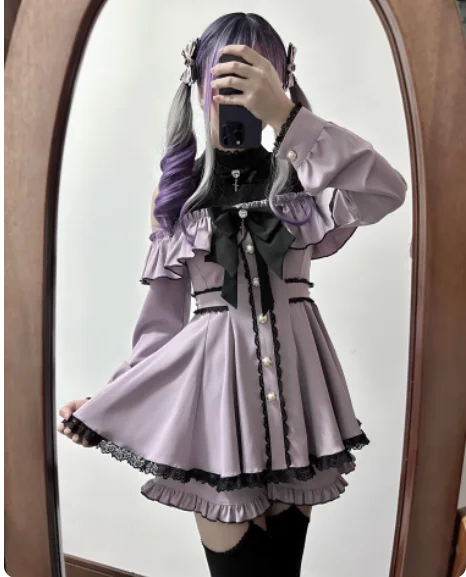 Lente Herfst Zoete Japanse Off-the-shoulder Kant Lange Mouw Jurk Hoge Taille A-lijn Leeftijdsverlagende Vrijetijdsjurken Shorts Sets