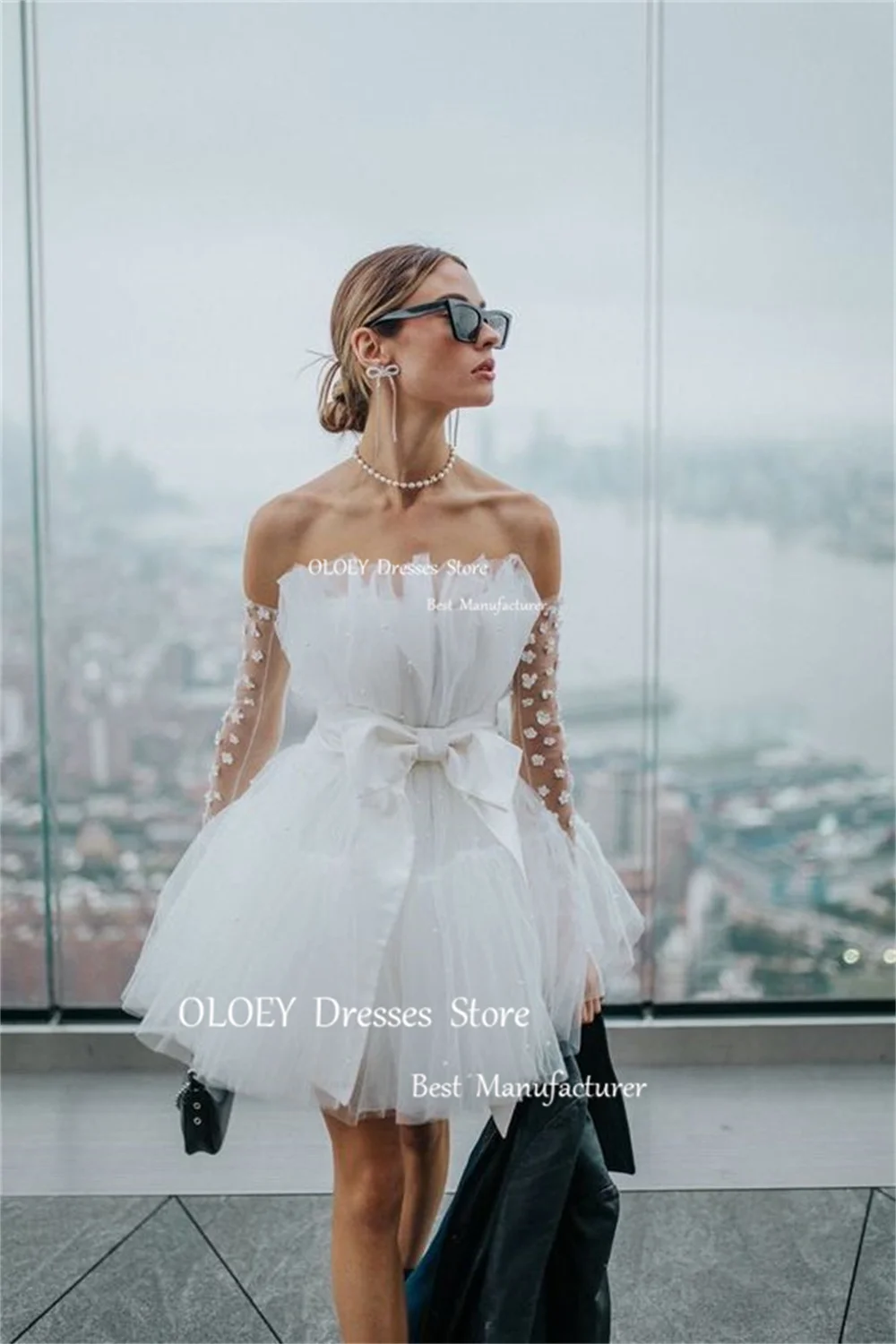 OLOEY elegante abito da sposa corto in Tulle avorio con guanti in pizzo pieghe senza spalline una linea abito da sposa cerniera fiocco posteriore telai personalizzati