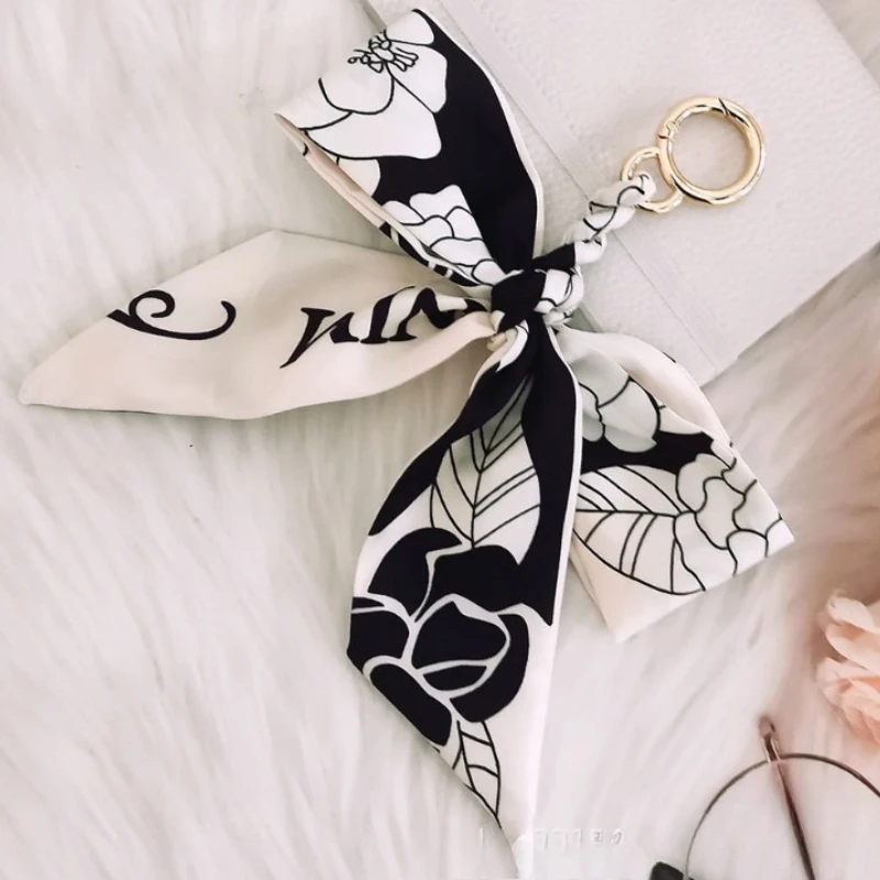 

New Camellia Silk Scarf Butterfly Knot Keychain Pendant Korean Style Bag Hanging Accessory Keyring for Women Car Key Chain Gift