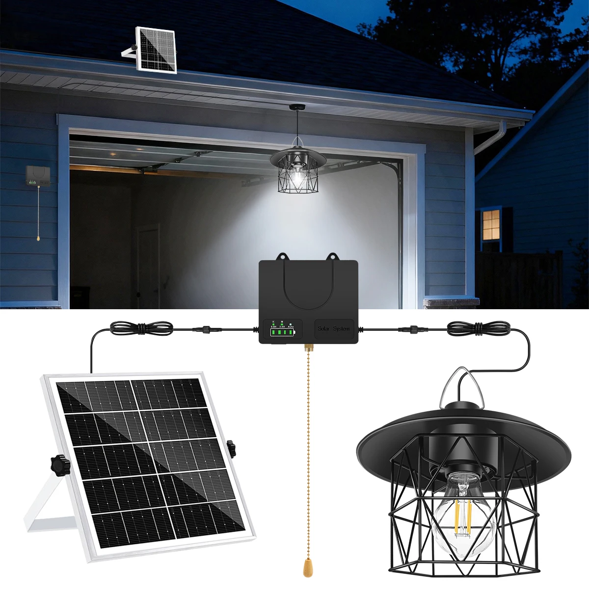 

Wrought Iron Solar Pendant Light for Garden Shed Retro Pull Cord 3 Modes IP65 Waterproof Indoor Outdoor Barn Patio RV Solar Lamp