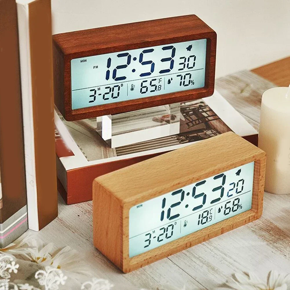 Wooden Digital Alarm Clock Time Date Temperature Humidity Measurement Large Screen Alarm Clock For Bedroom Study Home Decoration