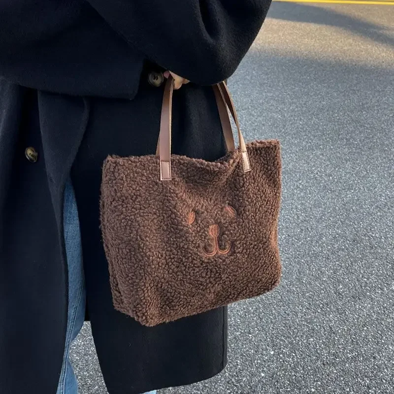 

Foufurieux Winter Soft Plush Tote Bags Women Fashion Plush Bag Large Shoulder Bags Cartoon Cute Bear Handbag New Trend Designer