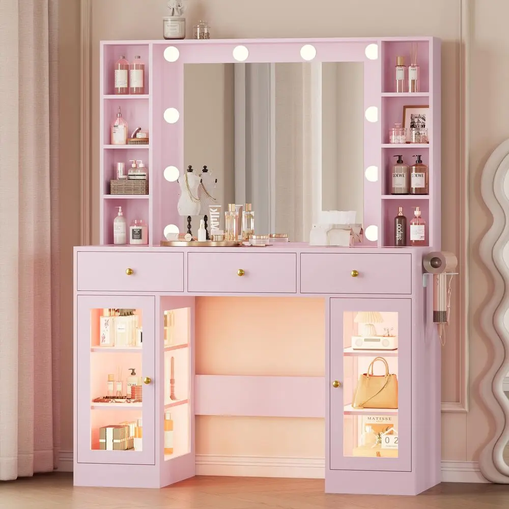 Makeup Vanity Desk with Mirror and Lights, Pink Vanity with Glass Top, LED Lights amp Power Outlet, 3 Drawers amp 2 RGB Glass C