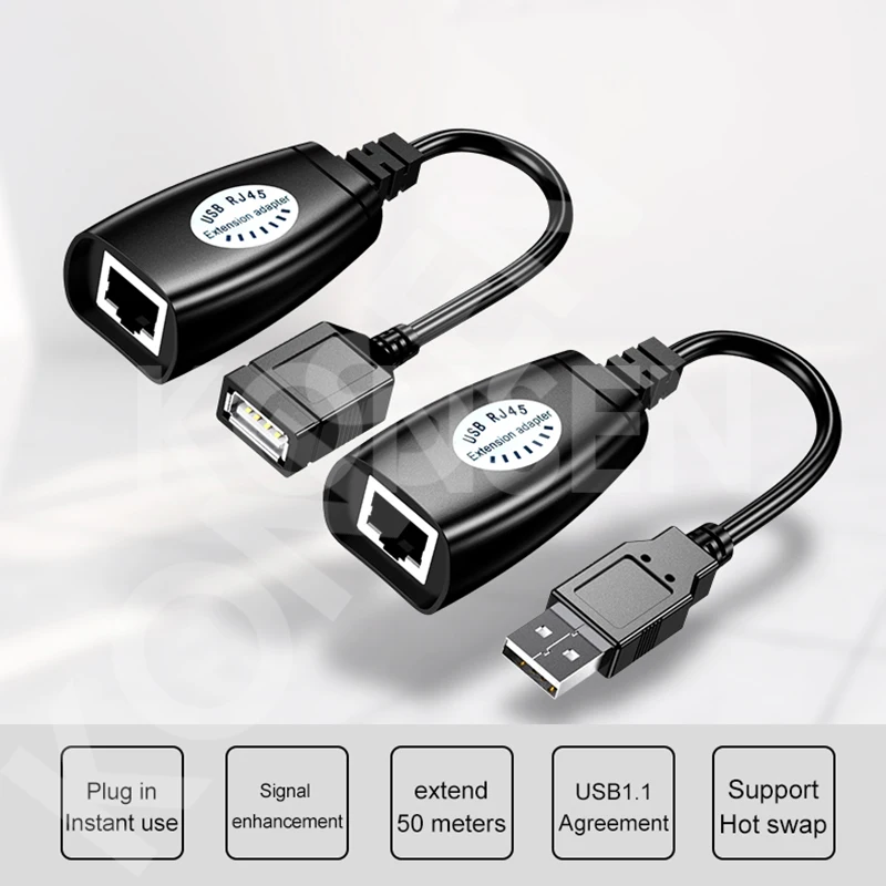 USB-удлинитель, адаптер 50 м, один RJ45 Ethernet CAT5E 6 до 150 футов, кабель USB 2,0, удлинитель, адаптер для ноутбука, видеорегистратора, мыши