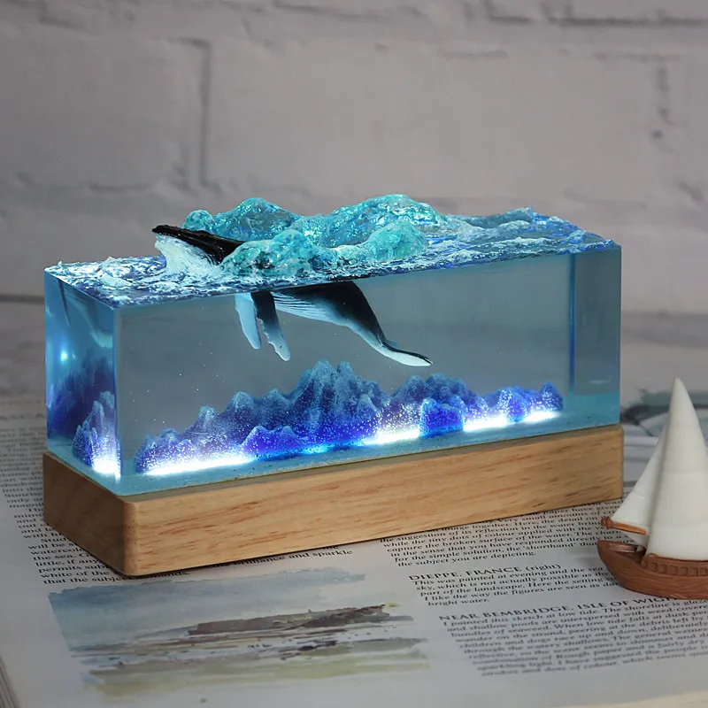 Ocean Whale USB Luminescent Resin Decorative Piece Blue Mountain Whale Family Atmosphere Decoration Table Decoration Unique Gift