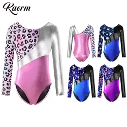 Roupa de ginástica metálica para crianças meninas manga longa v voltar ballet dança unitard atlético macacão esportes biketard bodysuit