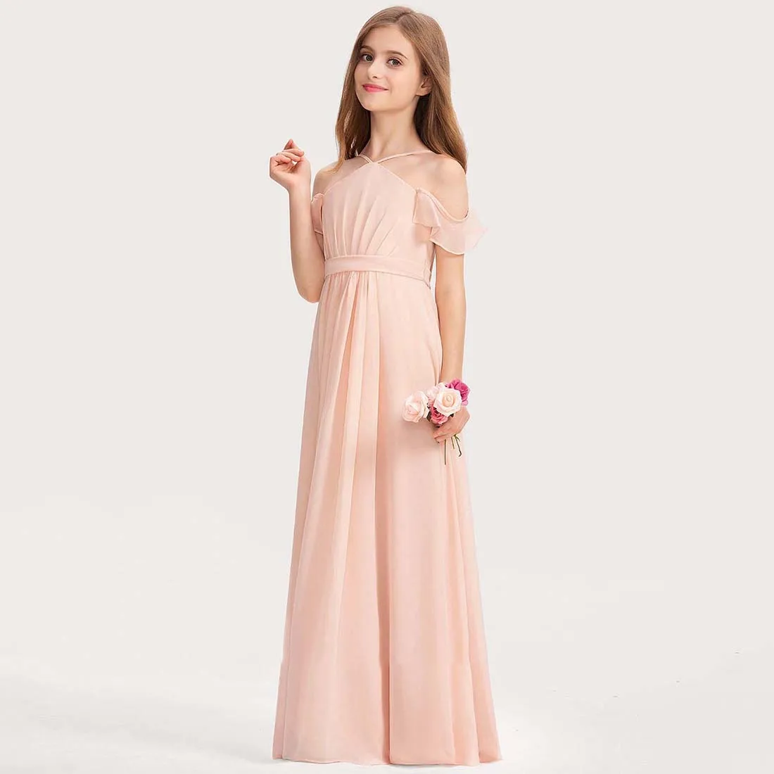 YZYmanualroom Chiffon Junior Bridesmaid Dress With Bow A-line Halter Floor-Length 2-15T