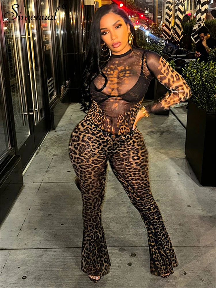 

Simenual Clubwear Outfits Hot Sexy Leopard Print Mesh Sheer T-shirts High Waist Flare Pants Cyber Y2K Two Piece Sets for Women