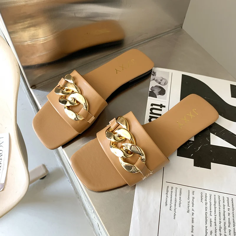 2024 New Fashion Women's Slippers Square Toe Chain Slippers Flat Slide Sandals Beach Flip Flops Metal Decoration Casual Shoes image 3