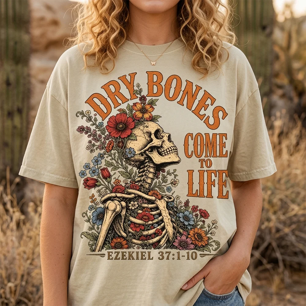 Women T Shirt Dry Bones Come To Life Skull Floral Graphic Print Short Sleeve Cotton Oversized Casual Loose Tee Top Streetwear