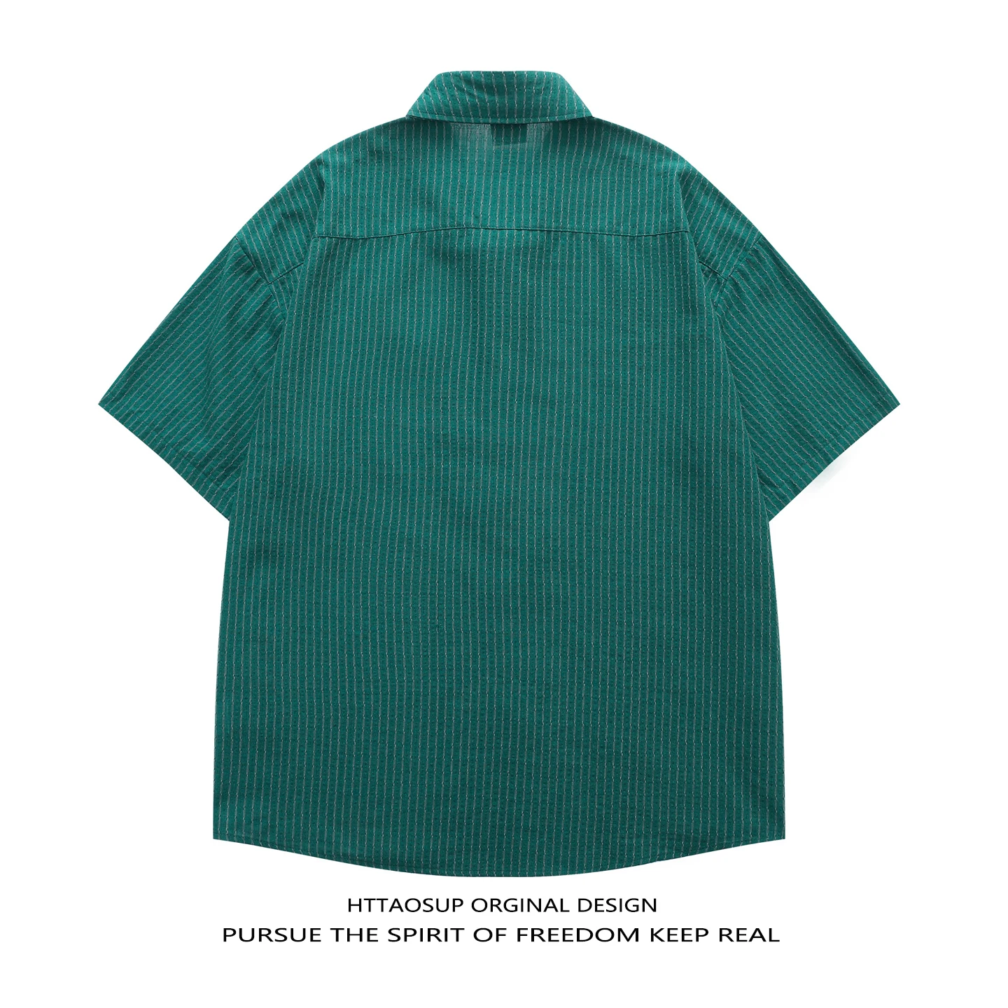 HTTAOSUP Retro Japanese Style Short Sleeve Shirt with Vertical Stripe And Avocado Embroidery Unisex Casual Fashion Streetwear