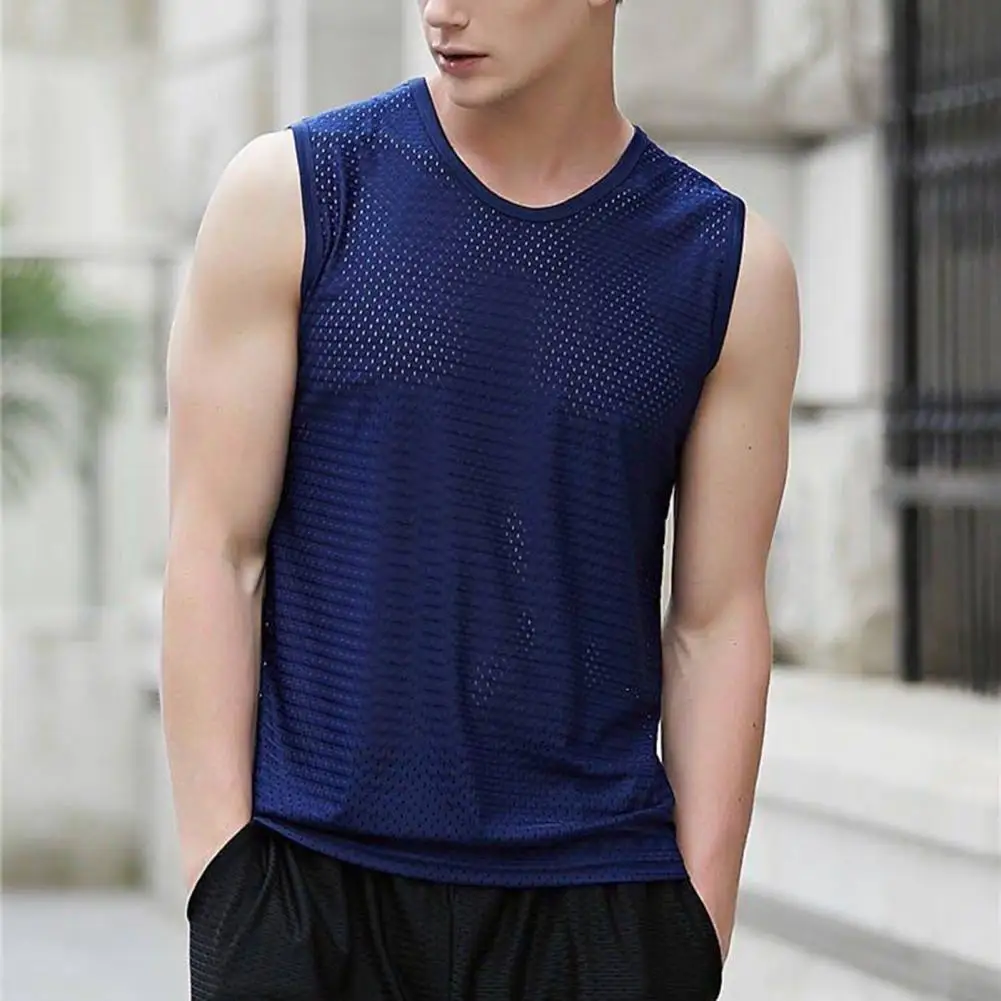 Trendy Sport Tank Top Quick Dry Men Sport Vest Hollow Out Crew Neck Summer Tank Top  Workout