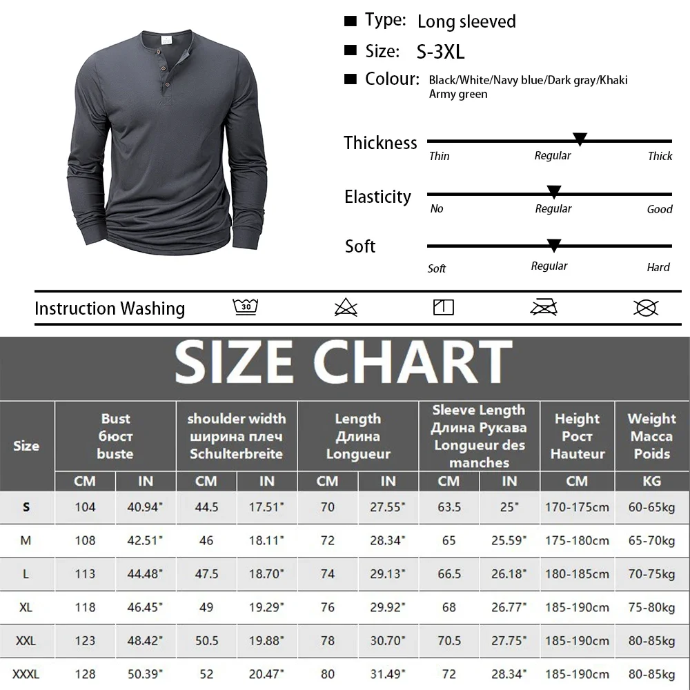 Herren Henery Neck Button Langarm T-Shirt Einfarbig Frühling Sommer Atmungsaktives T-Shirt Mode Lässig Slim Tops Klassische Hemden – Detail 1
