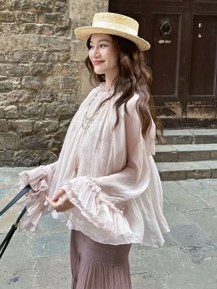 Lace ruffled loose top, stylish and high-end, versatile pink tops for women in 2026 summer collection view 4