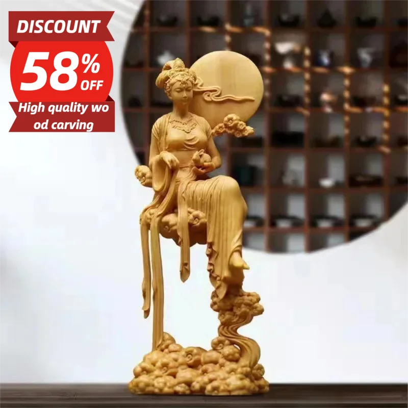 

Natural Solid Wood Chang'e Fairy Characters Statue, Hand-carved Mythology Jade Rabbit Lmmortal HomeRoomOffice Decoration Artwork