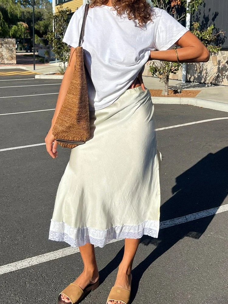 

Fashion Sexy Lace Patchwork Skirts for Women Streetwear Y2K 2025 Ladies Satin Skirt Beach Vacation Outfit Party Dresses Clubwear