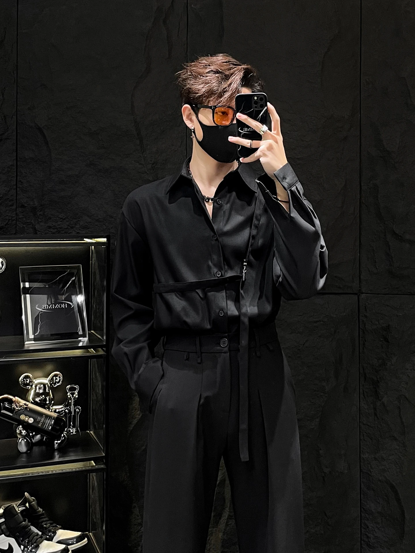 

New Men's Long Sve irt Casual Loose Sle Polyester Fiber No Brand Youth Faion Belted Design Iron-Free Treaent