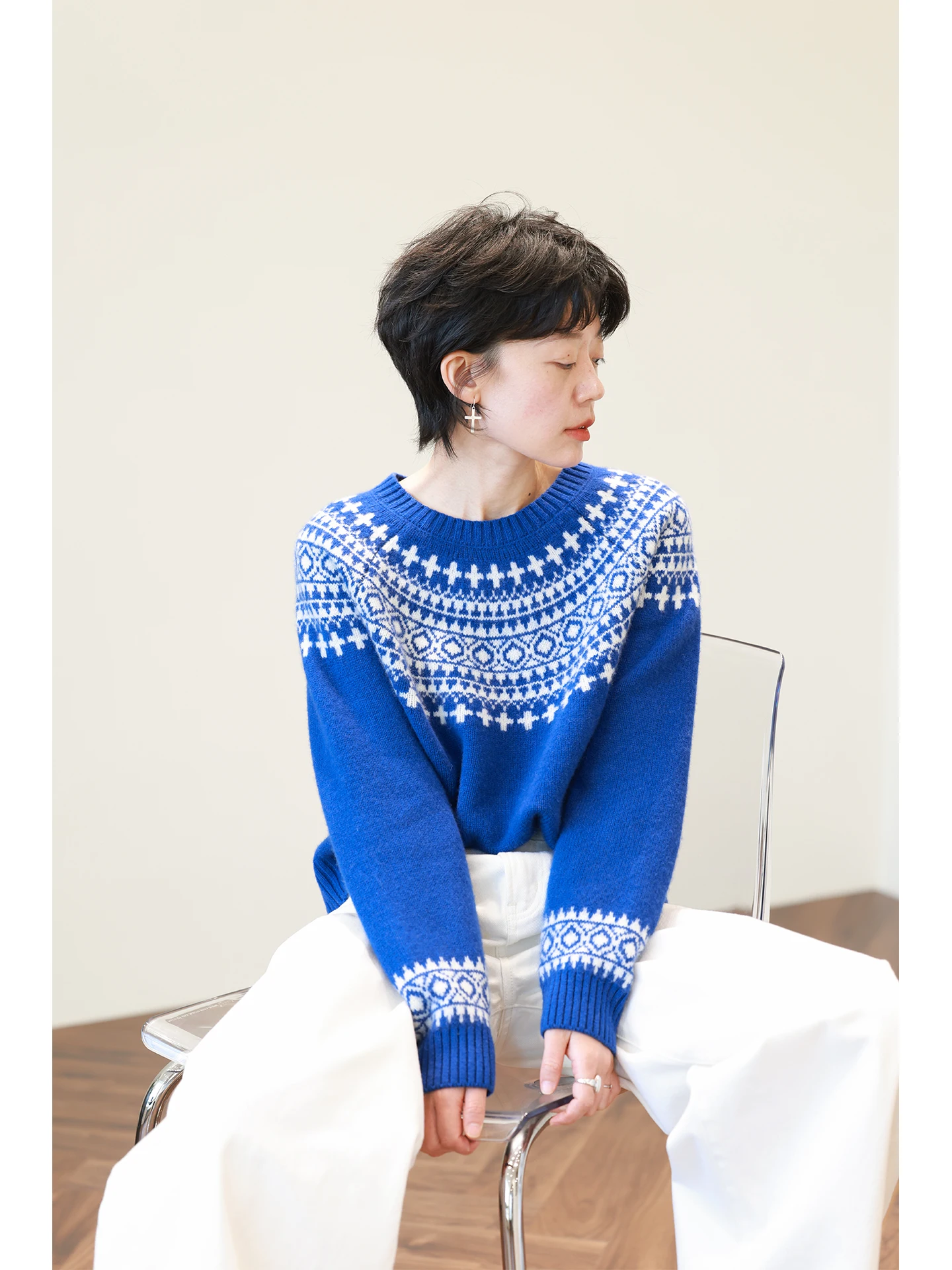 

Warm Thiened Retro Lazy Loose Ferris Wheel Knitted Sweater Fre Blue Wool Fair Isle Embroidery Women's Knitwear