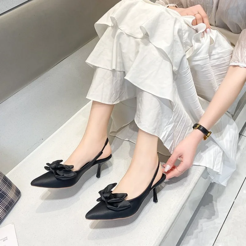 

2023 Summer Brand Women Slingback Sandals Shoes Fashion Bow-knot Pointed Toe Slip on Ladies Elegant Dress Pumps Shoes Woman