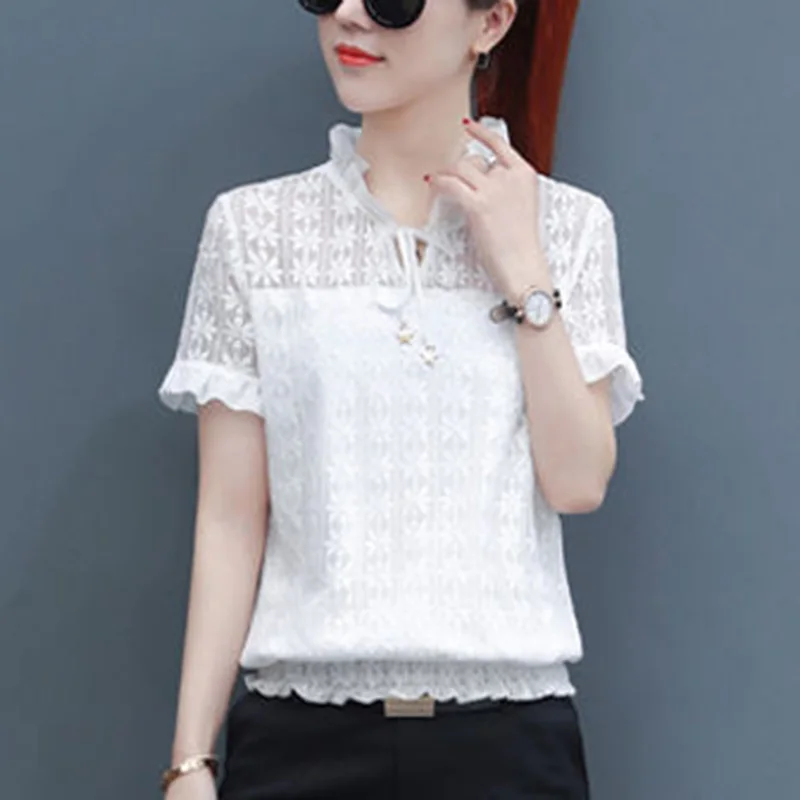 Elegant Lace Spliced Shirring Lace Up Bow Ruffles Blouse Female Clothing 2023 New Casual Pullovers Tops Office Lady Shirt