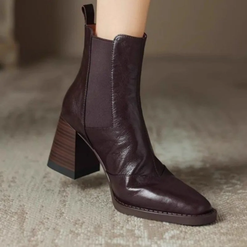 Women's New Autumn/Winter Square Headed Genuine Leather Sheepskin Elastic High Heels, Extra Large Calf Chelsea Short Boots