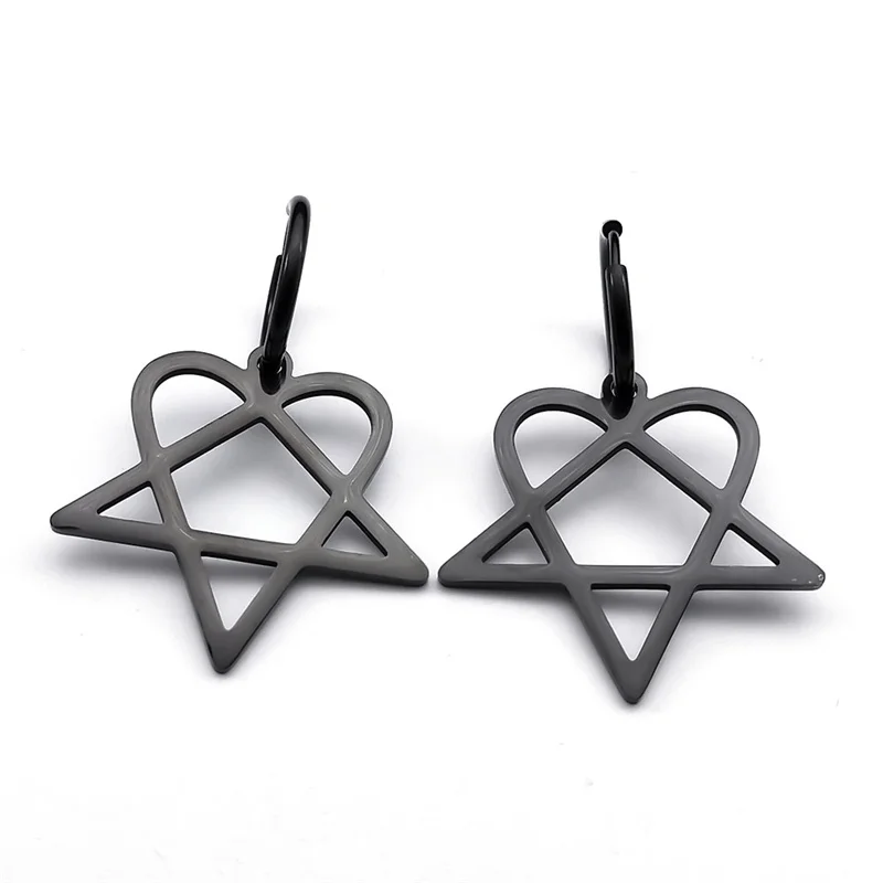 Goth Heartagram Star Dangle Hoop Earring Women Stainless Steel Black Color Rock Music Band HIM Fans Earrings Jewelry E2613S03