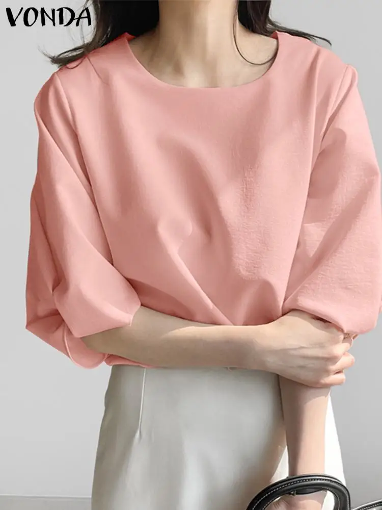 VONDA 2024 여성 블라우스, 3/4 퍼프 슬리브 셔츠, 캐주얼 루즈 단색 튜닉 탑, 우아한 OL 블라우스, 여름 패션 