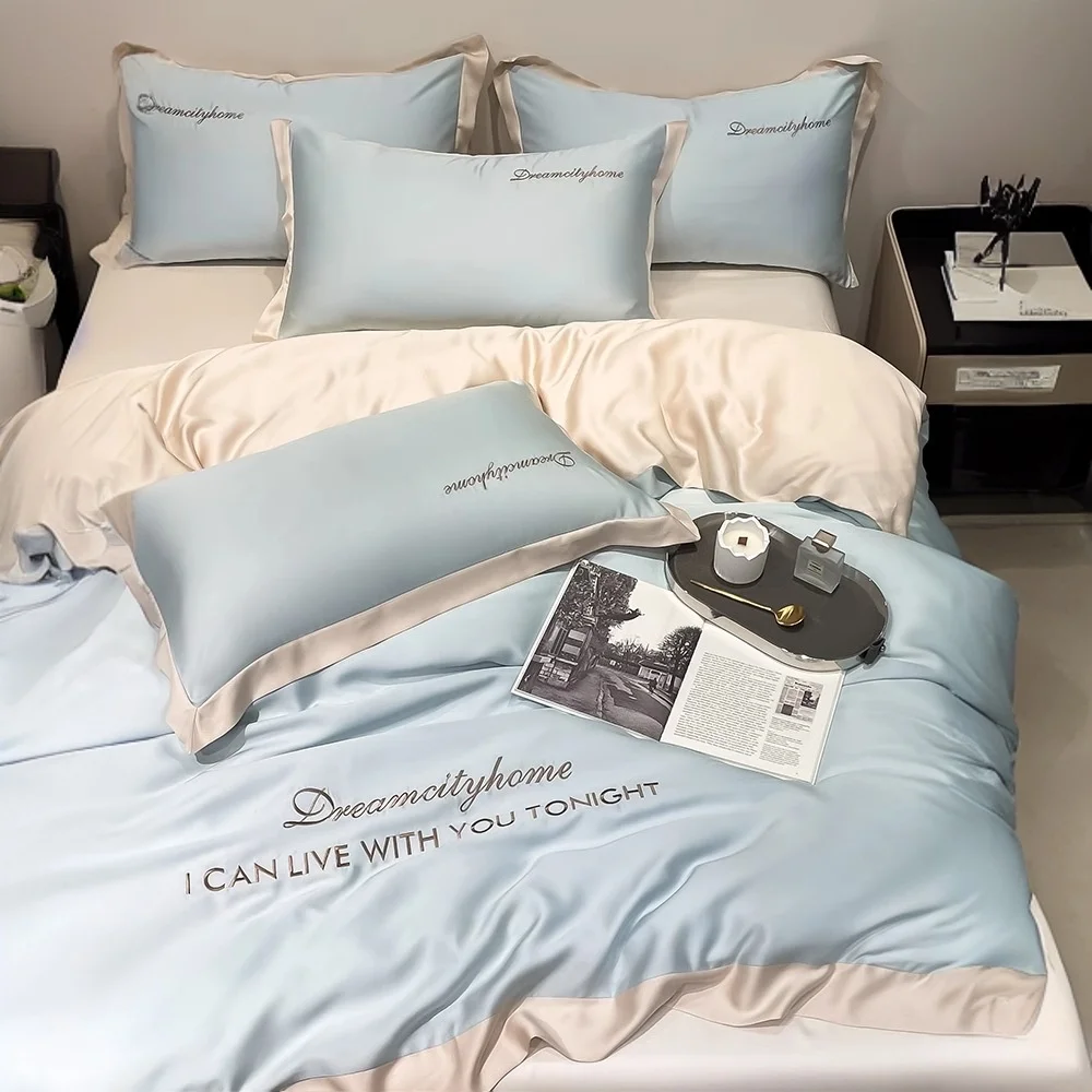 Ice Silk High-End Four-Piece Set Light Luxury Silky Smooth Solid Color Bedding Sleeping Naked Luxury Sheets Fitted Sheet