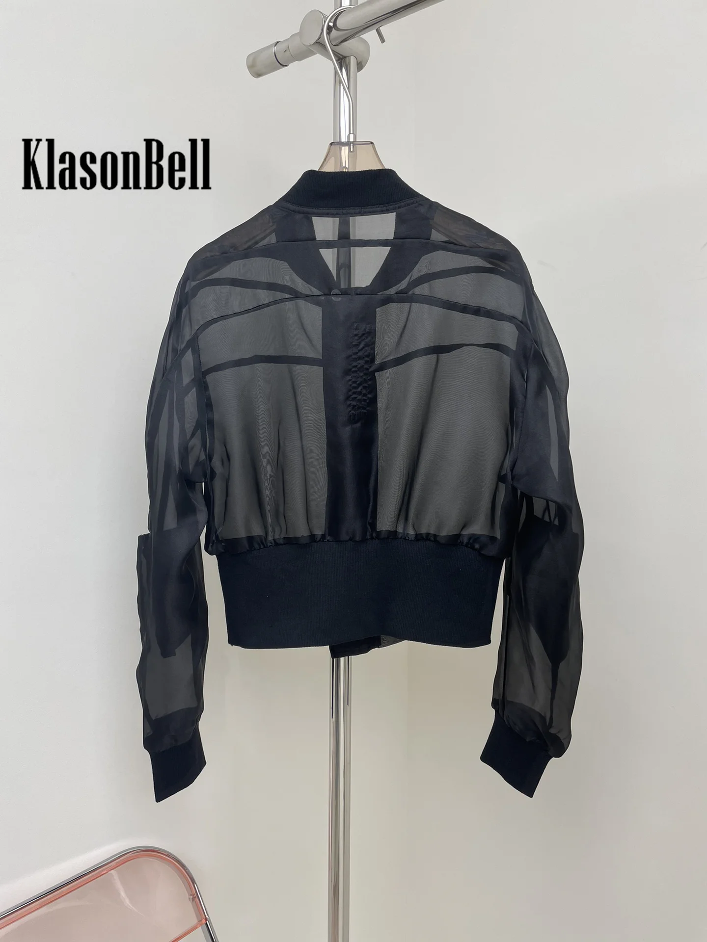 8.27 KlasonBell Women Clothes Black Organza Sheer Sun Zipper Short Jacket Ribbed Spliced Stand Collar Long Sleeve Thin Coat