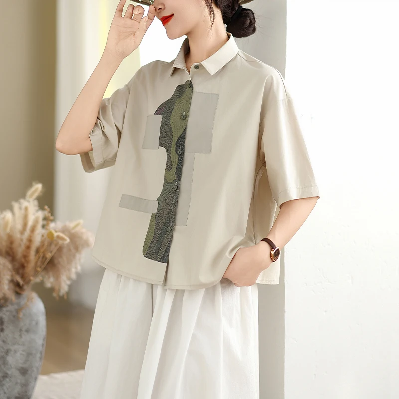 

Elegant Pure Cotton Short Sleeve Women's Shirt Loose Fit Casual Style plus Size Slimming Effect Spring Summer New Arrival