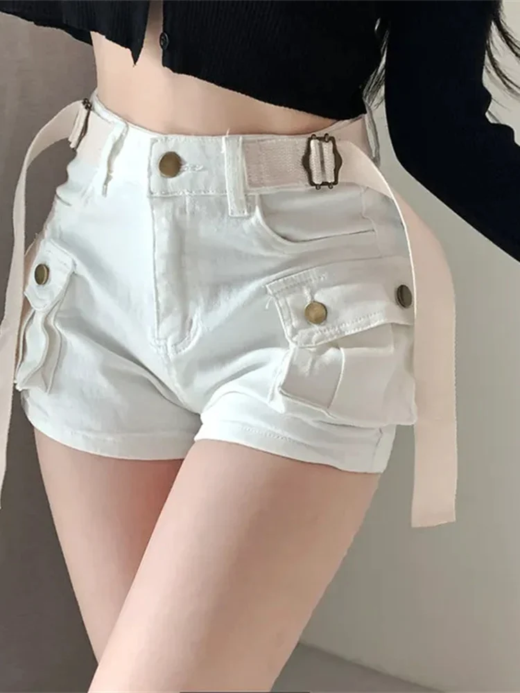 

Casual Workwear Wide Leg Pants Women's Retro Waist Cinching Slimming Stylish Versatile Pocket Patched Belted Short Shorts