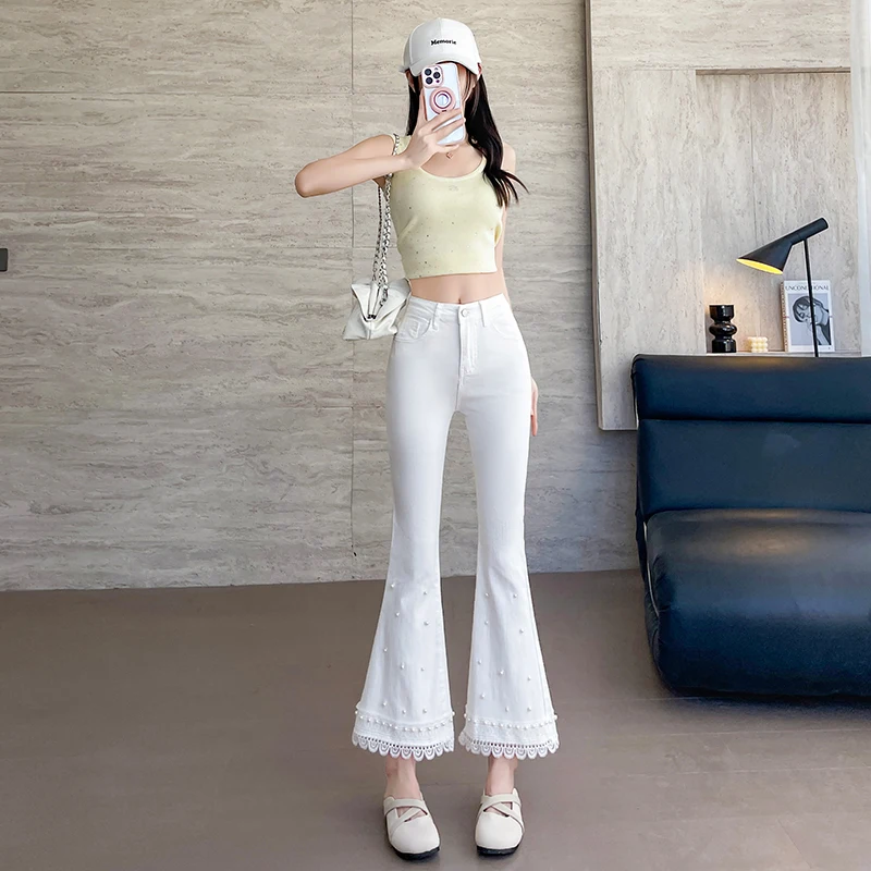 Summer New Women's Petite White Flare Jeans Vintage American Style Lace Trim Pearl Decor Slim Fit Casual Streetwear Denim Pants - view 3
