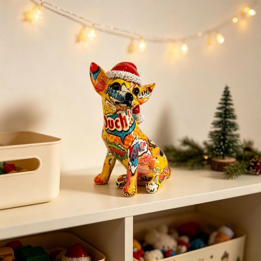 20cm Chihuahua Statue Christmas Dog Figurine Festival Party Animal Sculpture Home Decoration Living Room Desktop Ornament Gift