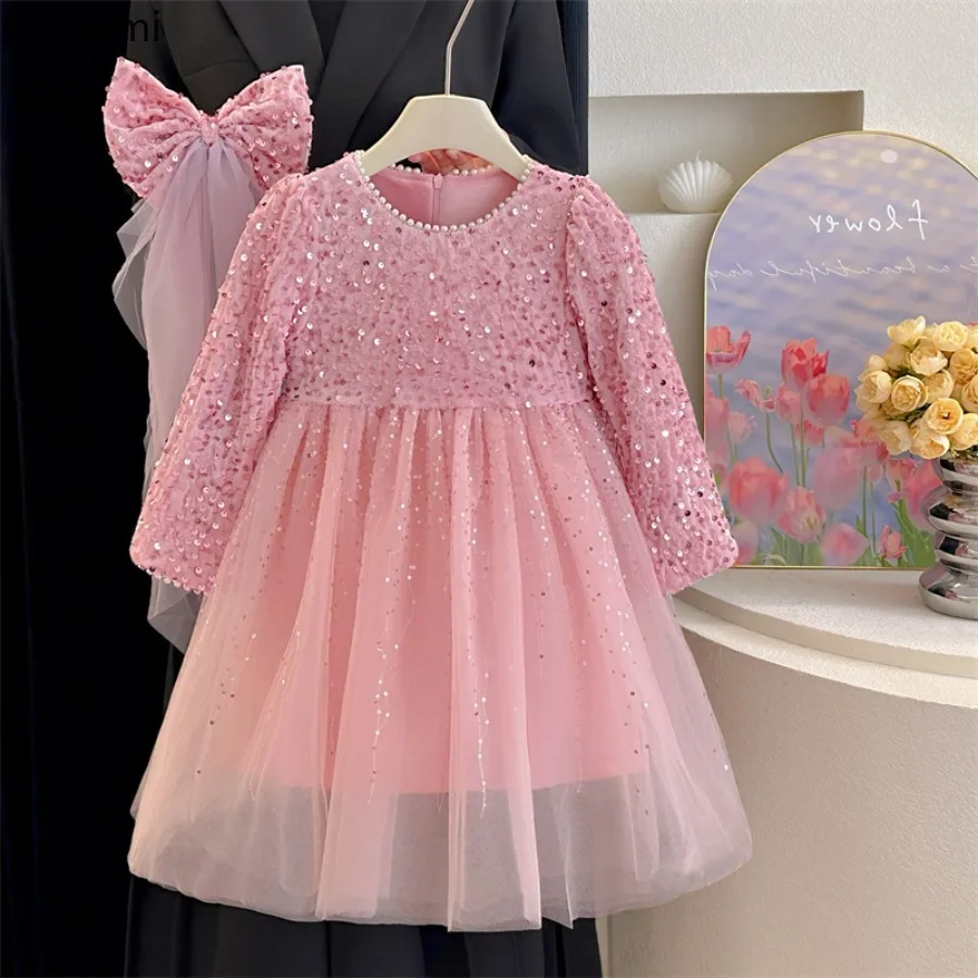 Elegant Girls Sequins Dress Spring Autumn New Princess Gown Sending A Veil Children Wedding Birthday Party Kids Fashion Clothing