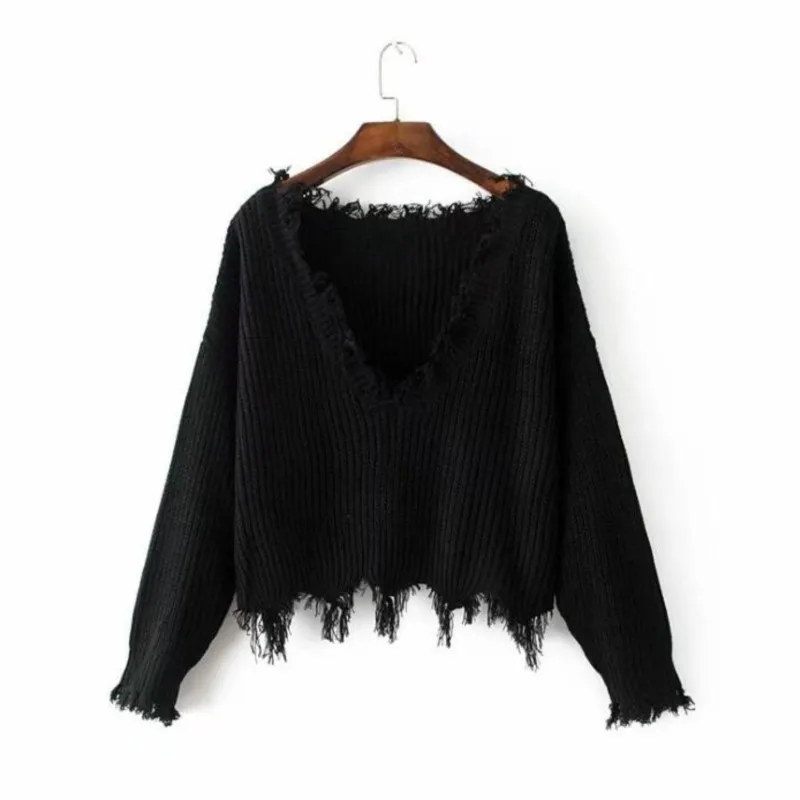 Y2K Tassel Hem Irregular Sweater Woman oversized Fringed V neck Loose Knitted Pullover Knitwear White Black Khaki