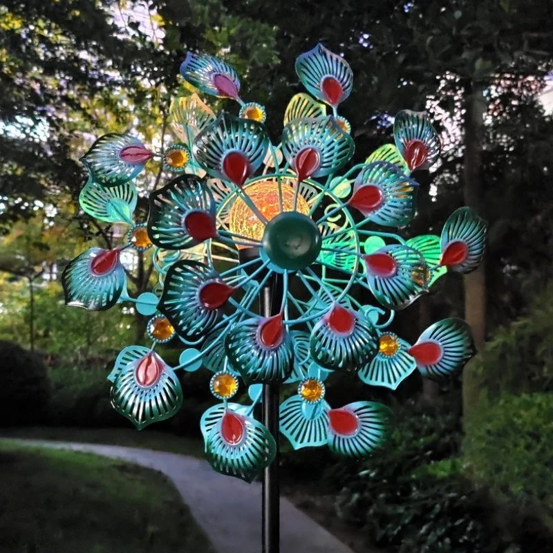 Peacock Wind Spinner for Garden Decorative Metal Windmill Double Sided Pinwheel Outdoor Decor Yard Lawn Plug in Type Ornaments