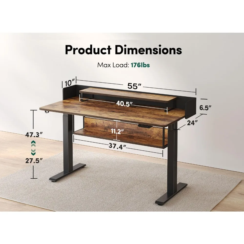 Elétrica Standing Desk com Prateleiras, Sit Stand Rising Desk, Monitor Stand e Armazenamento, Ergonômico Home Office, 55x24 polegadas