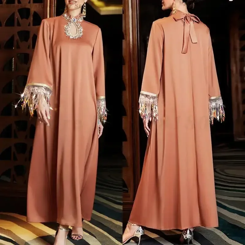 Women Islamic Dubai Kaftan Abayas Fashion Tassel Muslim Dresses Middle East Evening Party Vestidos Spring Autumn Satin Dress