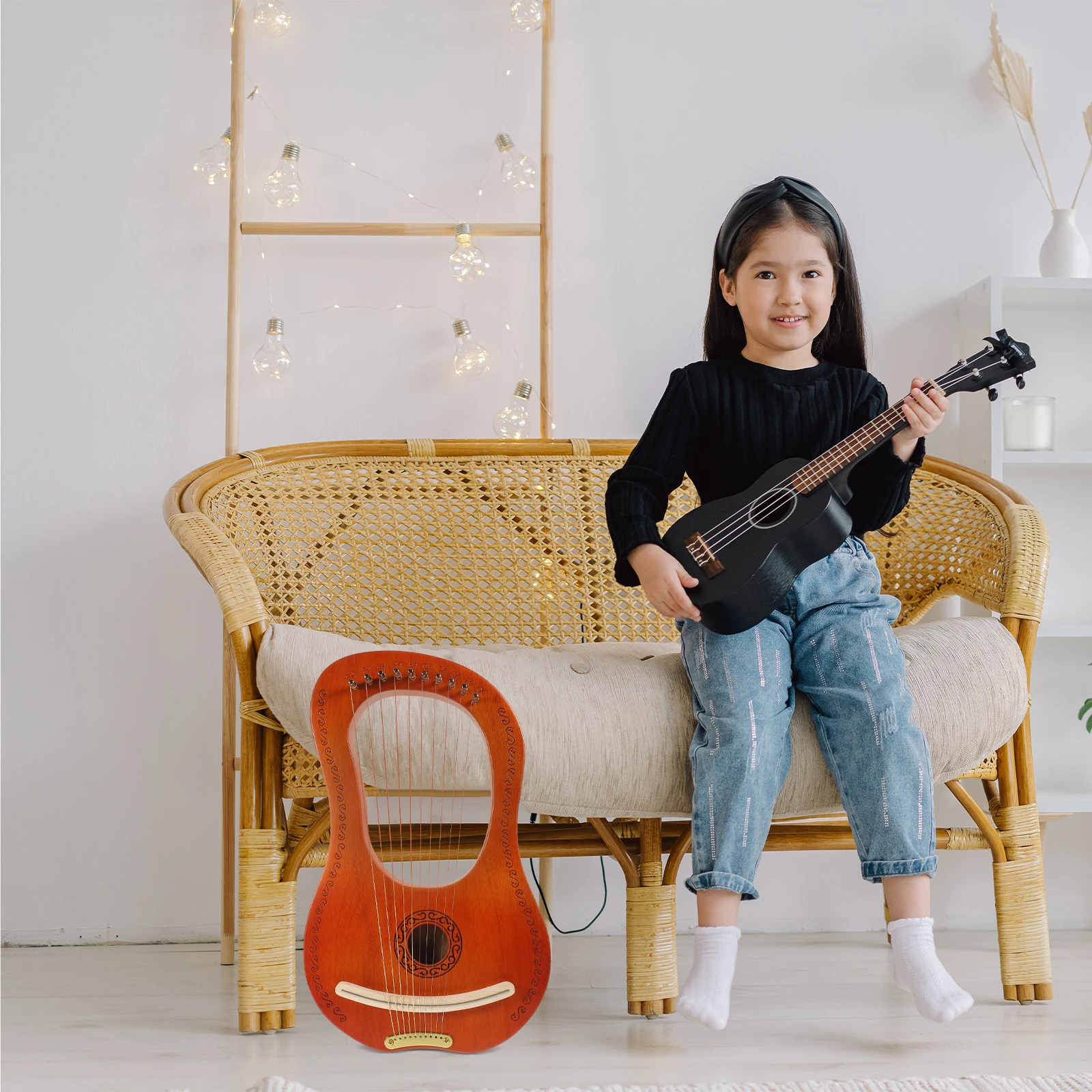 

10 String Lyre Harp Wood Body H held Musical Instrument Ancient Retro Wrench Extra Strings Portable Design Smooth