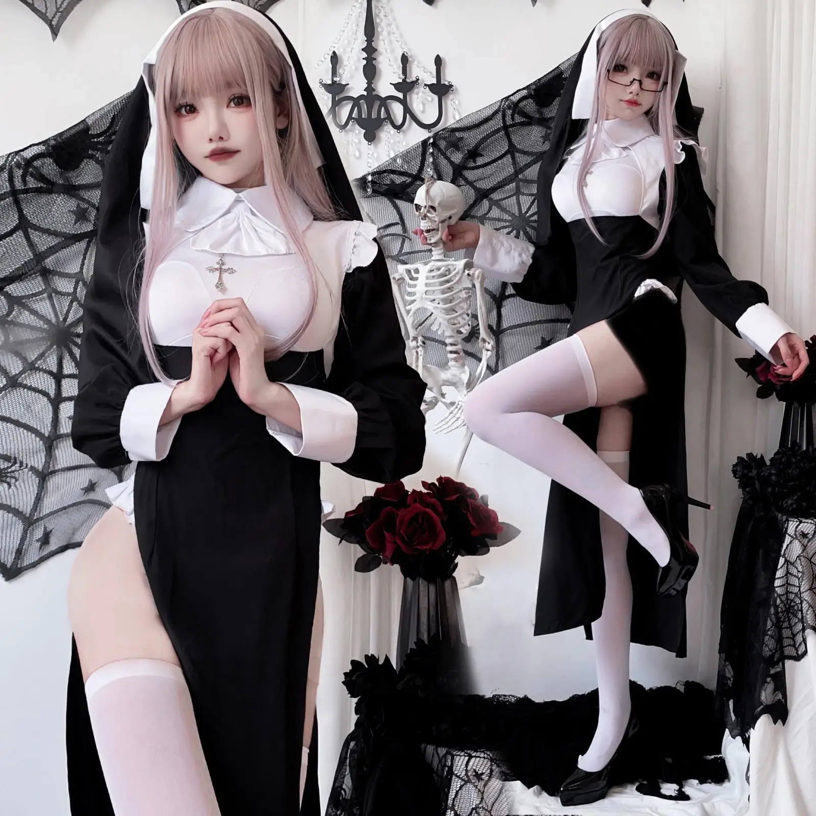 مثير راهبة زي loween الموت الله orm ضيق خادمة كبيرة الحجم رداء طويل المرأة Faion المرحلة زي