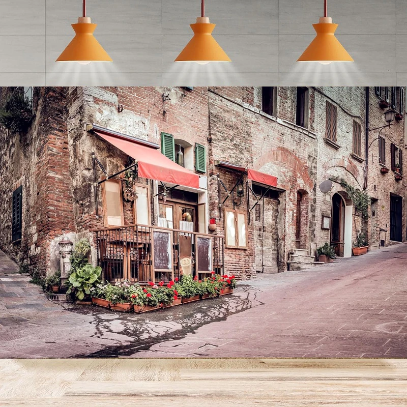 Photography Backdrop Italian Street Coffee Shop Restaurant Old Brick Houses Background Home Party Backdrop Wall Banner Decor