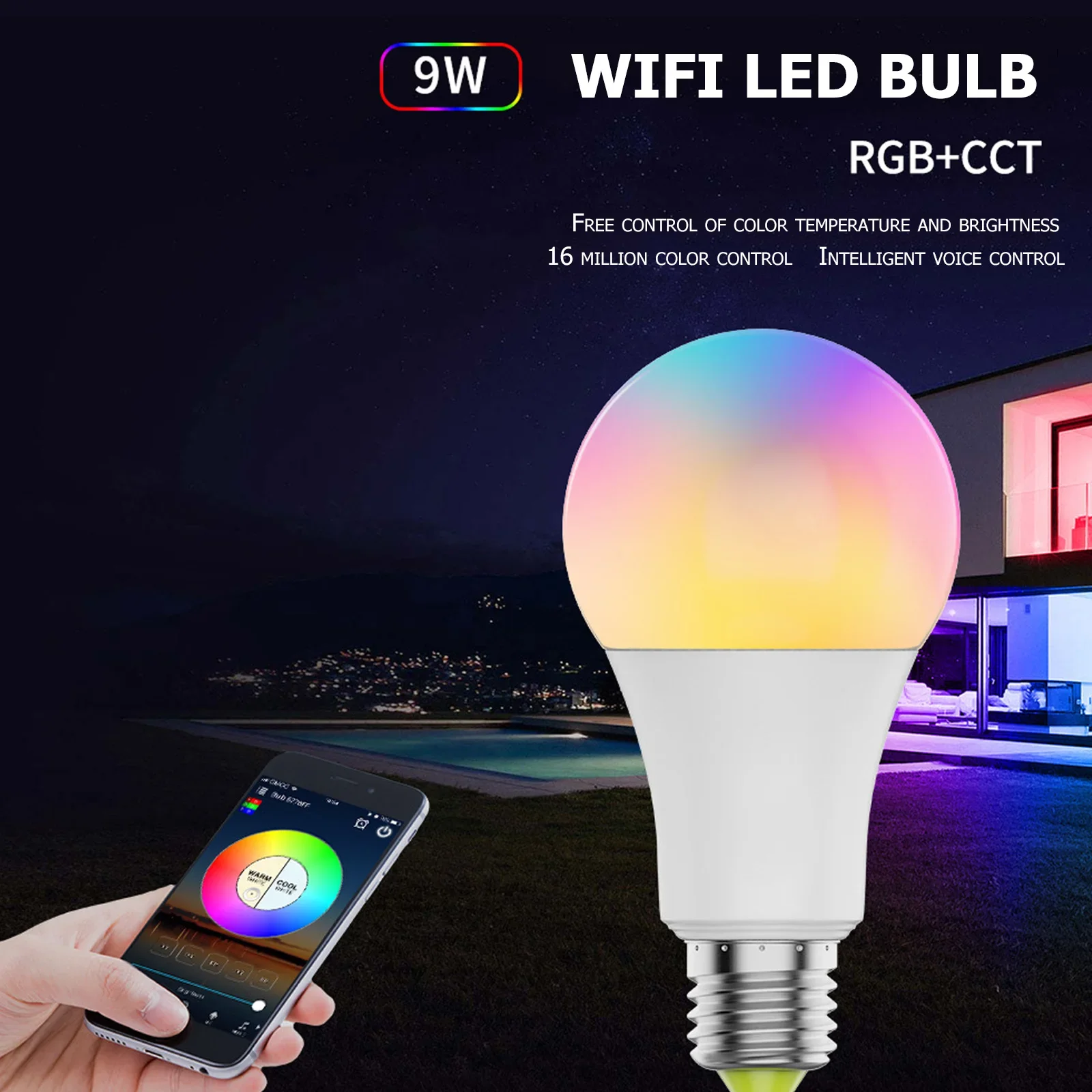 9W WiFi Smart Bulb RGBCW Dimmable Color Changing Lamp - Remote and Voice Control