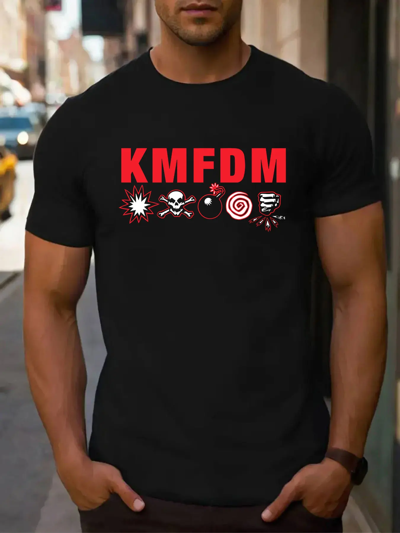 Men's KMFDM Graphic Cotton T-shirt, Punk Industrial Band Print Crew Neck Casual Tee for Music Fans