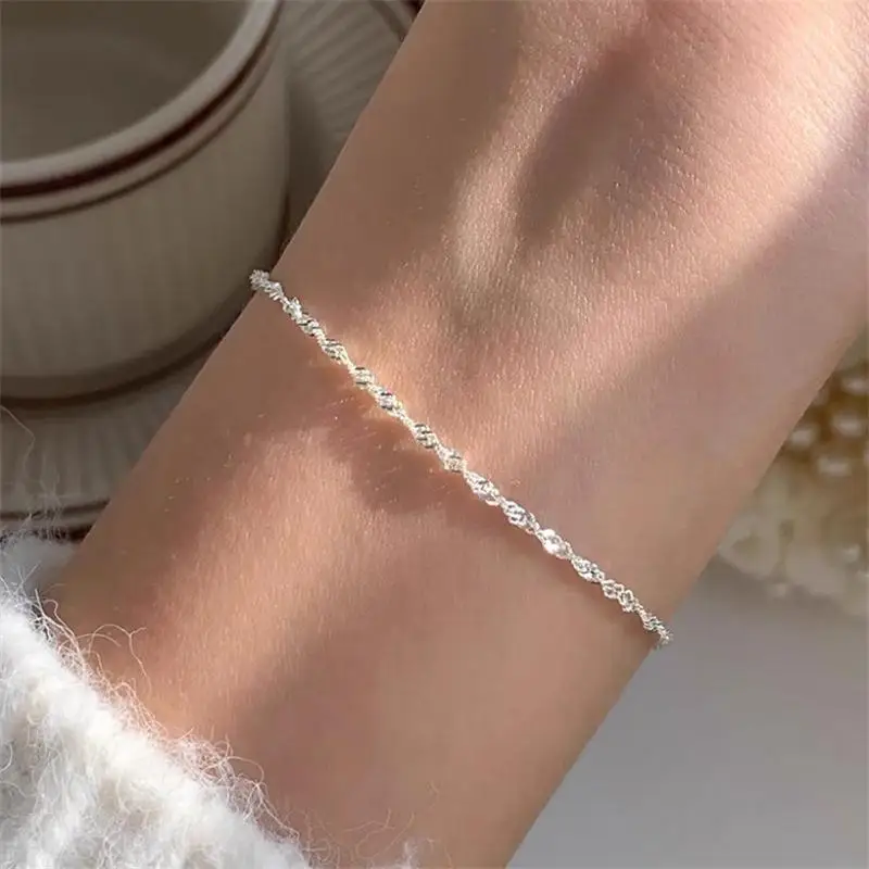 Silver Elegant Wave Twisted Chain Bracelet Adjustable Durable Jewelry for Women Girls Dinner Date Accessory Present Gift