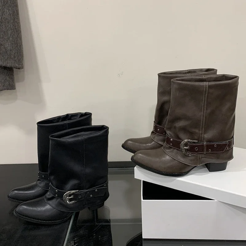 

Aneikeh Fashion Spring Autumn Chelsea Ankle Boots Women Square Chunky Heel Metal Buckle Pointed Tip Shoes Knight Boots