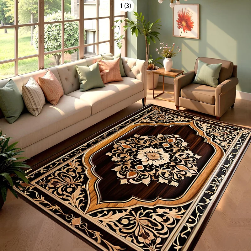 Vintage Wood Grain Medallion Area Rug for Living Room Luxury Baroque Floral Decorative Floor Carpet with Greek Key Border