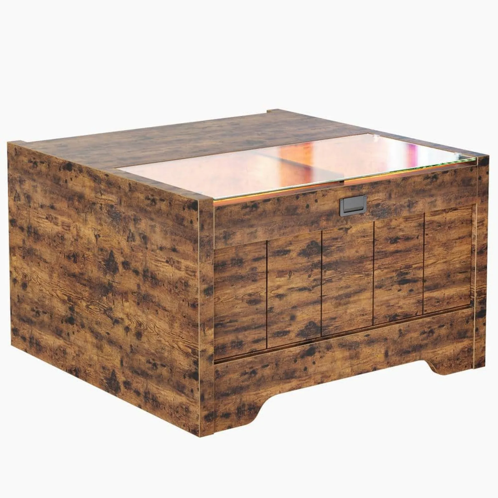 Nós 31.5 polegadas rústico quadrado madeira mesa de café, 2 armários de armazenamento, luz LED, marrom