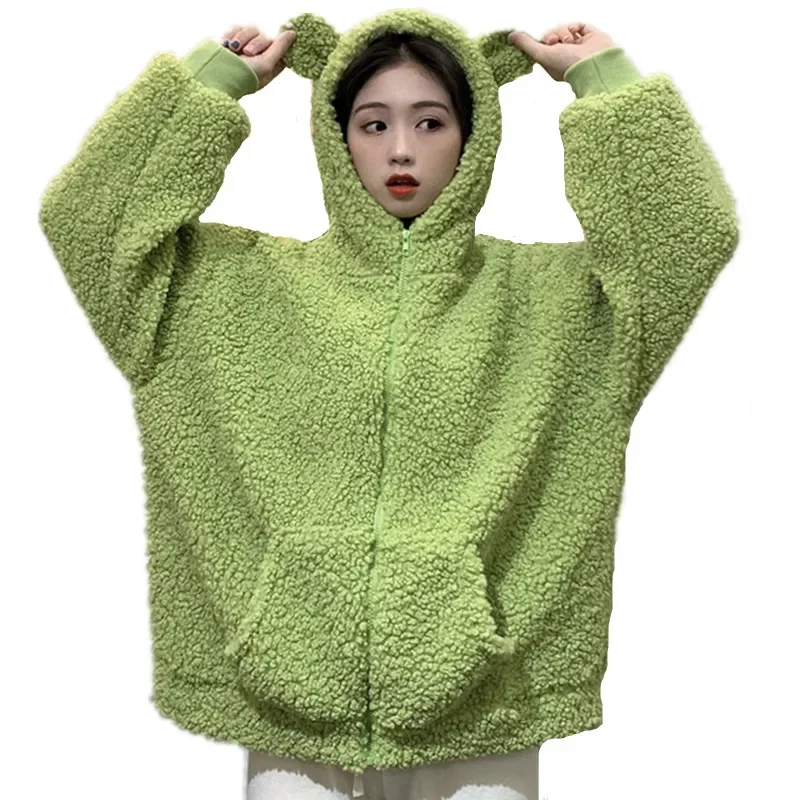 Faux Fur Long Sleeve Hooded Teddy Bear Ears Soft Hoodies White Autumn Winter Women Green Beige Zip-up Sweatshirt Kawaii Fleece